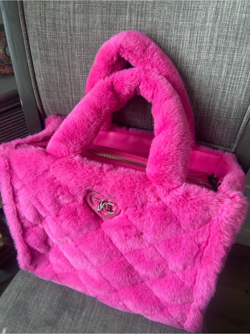 Bird by Juicy Couture Plush Quilted Faux Fur Tote - Bright Pink